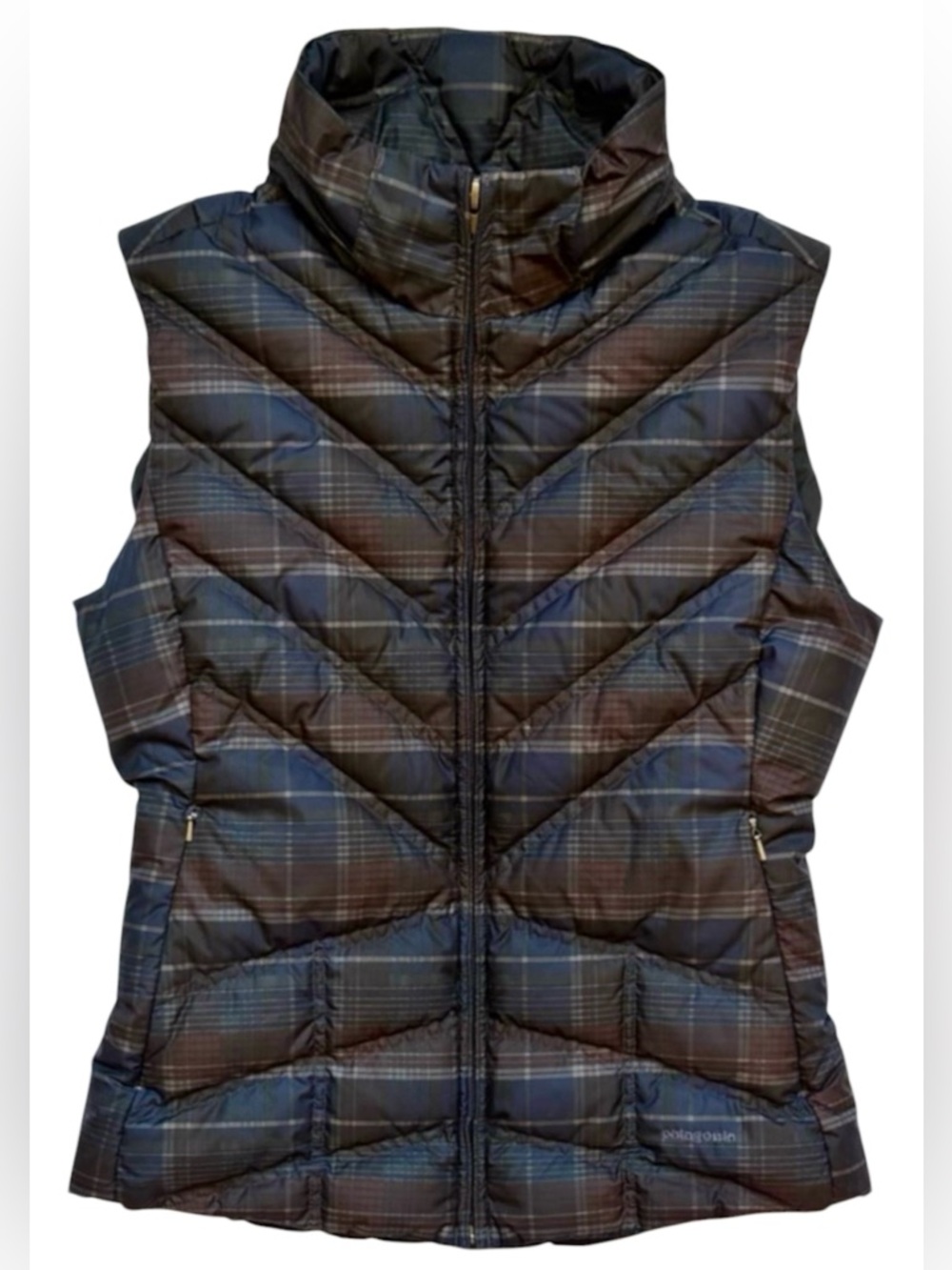 Patagonia Down Puffer Vest Women’s Small Blue Brown Plaid Zip Lightweight